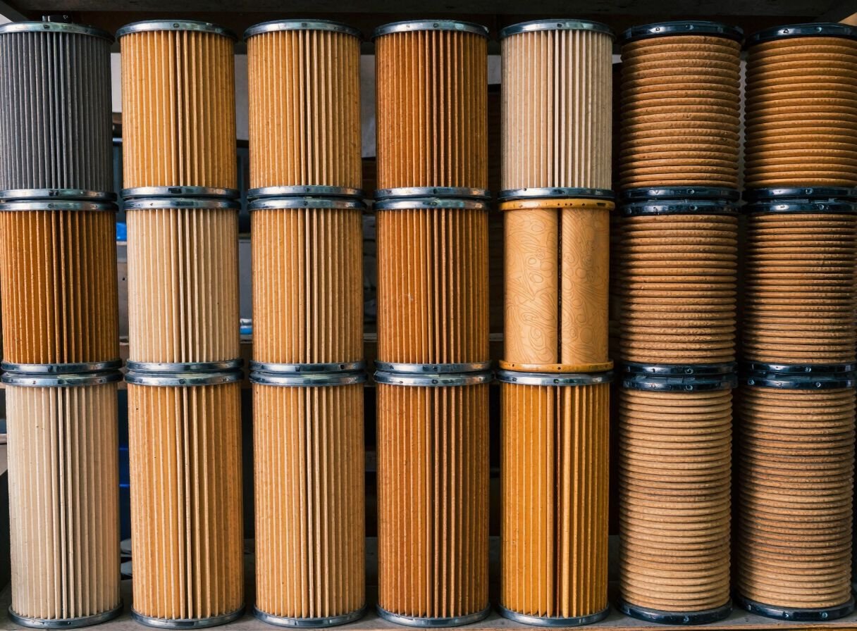 Rows of engine filters on a shelf